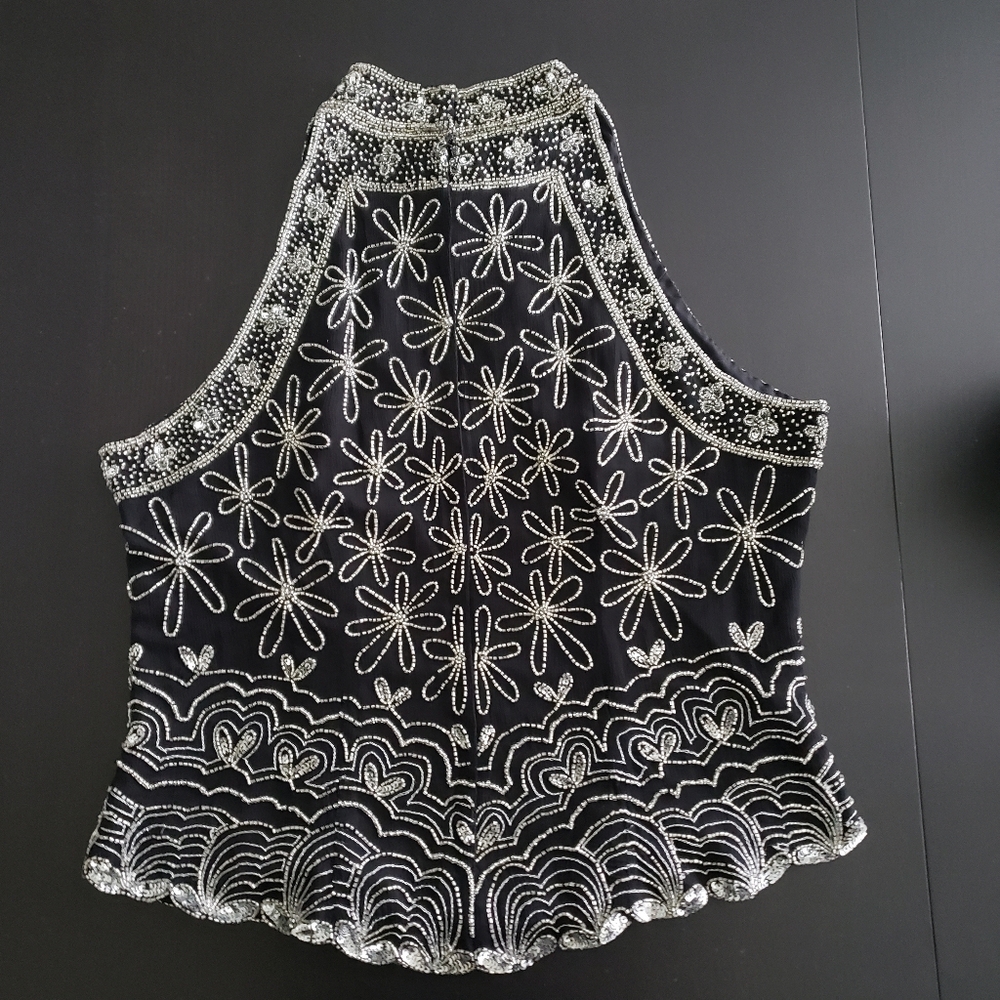 Papell Boutique 100% Silk Black and Silver Embellished Top Size Xl - Picture 2 of 7